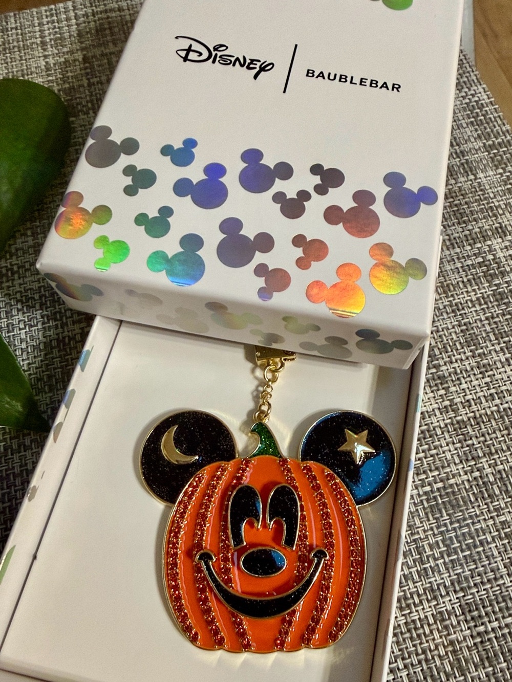 Disney🌙BAUBLEBAR⭐️Pumpkin 🎃Mickey Bag Charm Chain Orange Black Gold Sparkle Gem